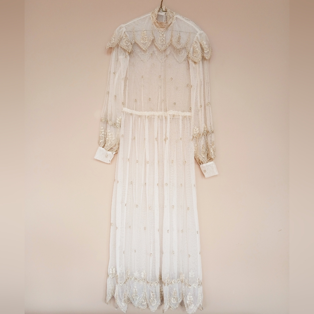 AMAZING Elegant Vintage Ethnic Embroidered White Sheer Dress